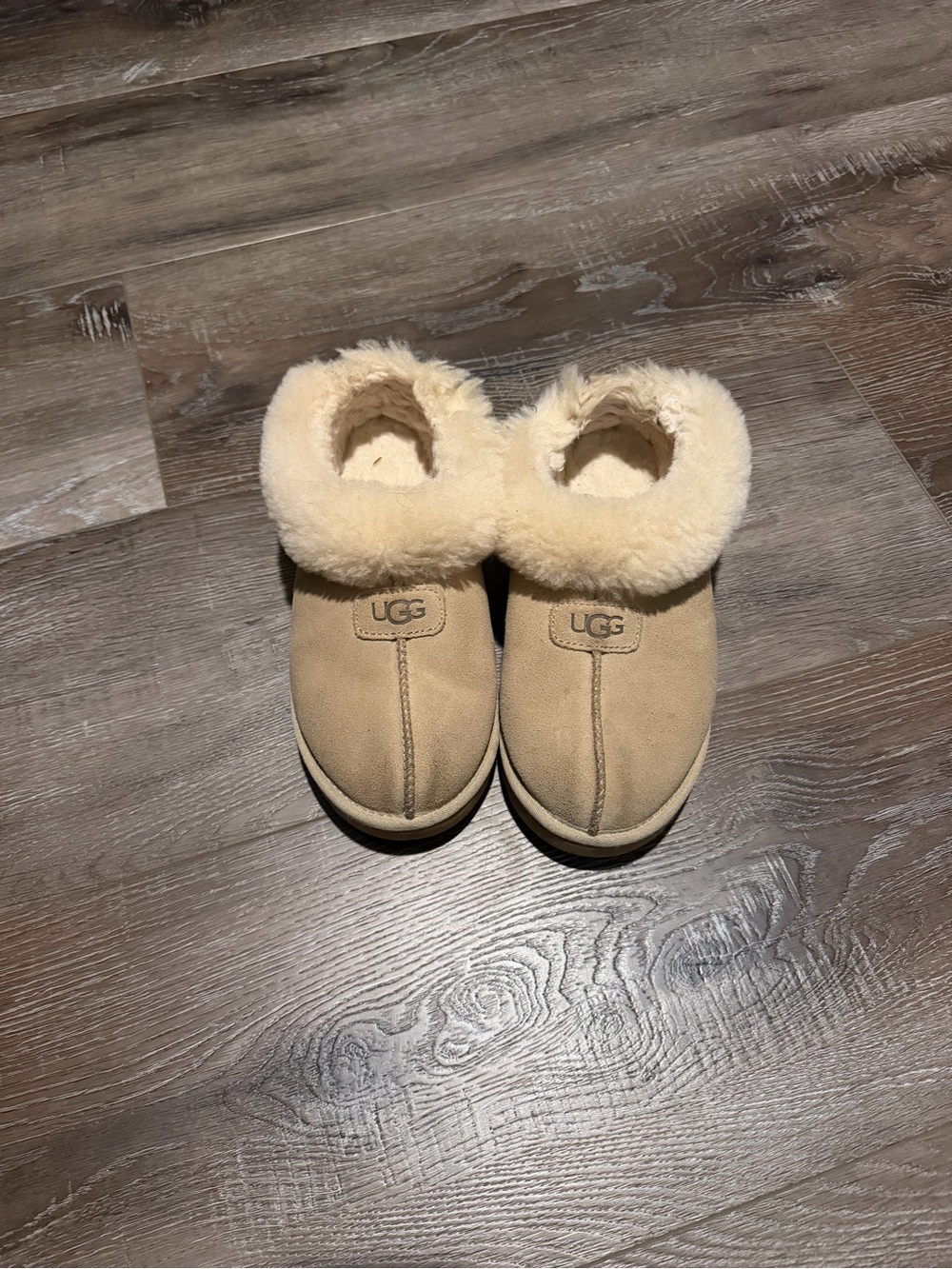 UGG Tan Suede Shearling Clog Slippers